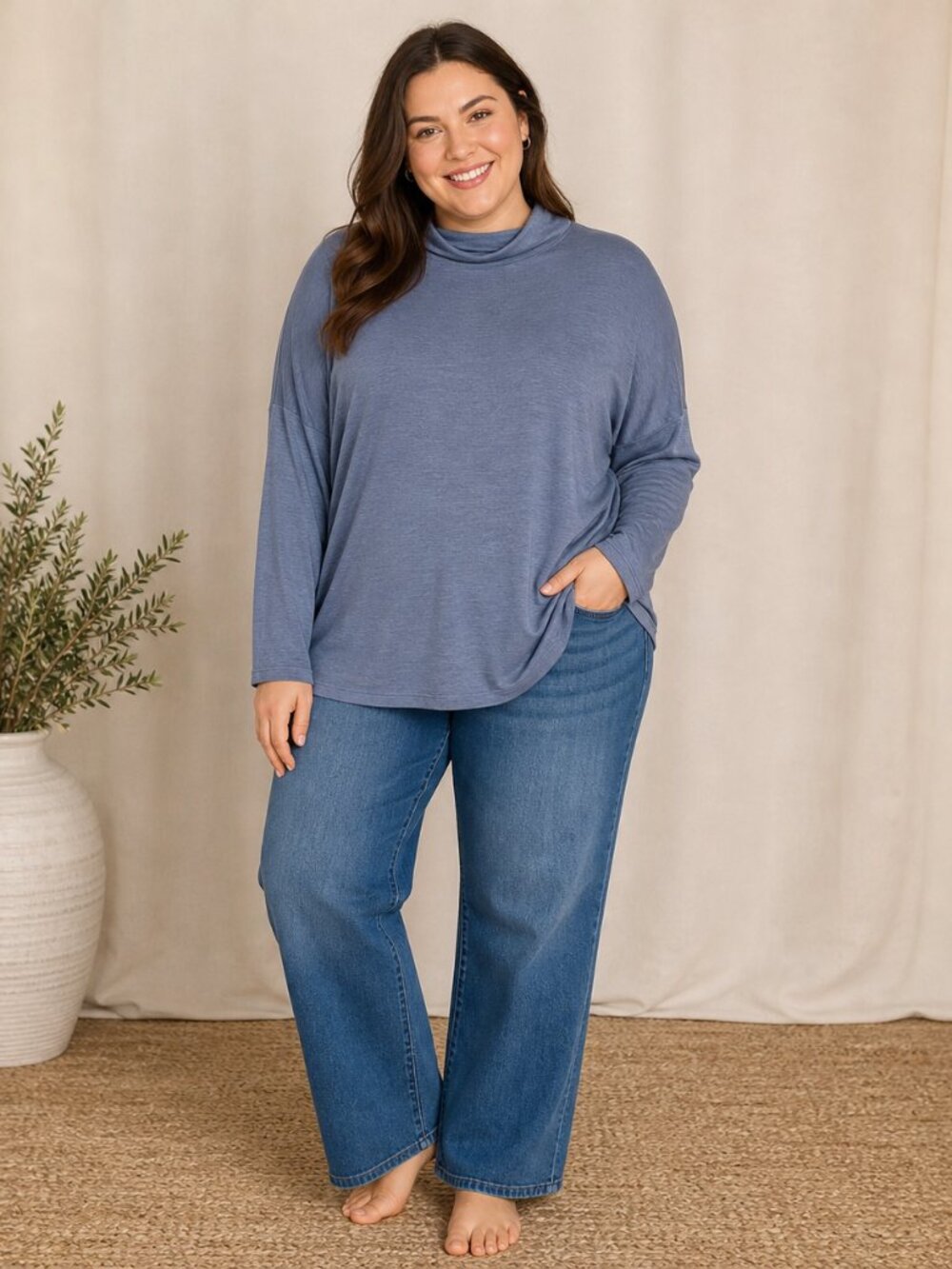Nicole Miller XL Mock Neck Top Soft Knit Minimalist Neutral Chic Layering